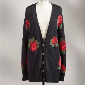 Sanctuary Black Cardigan with Red Rose Intarsia